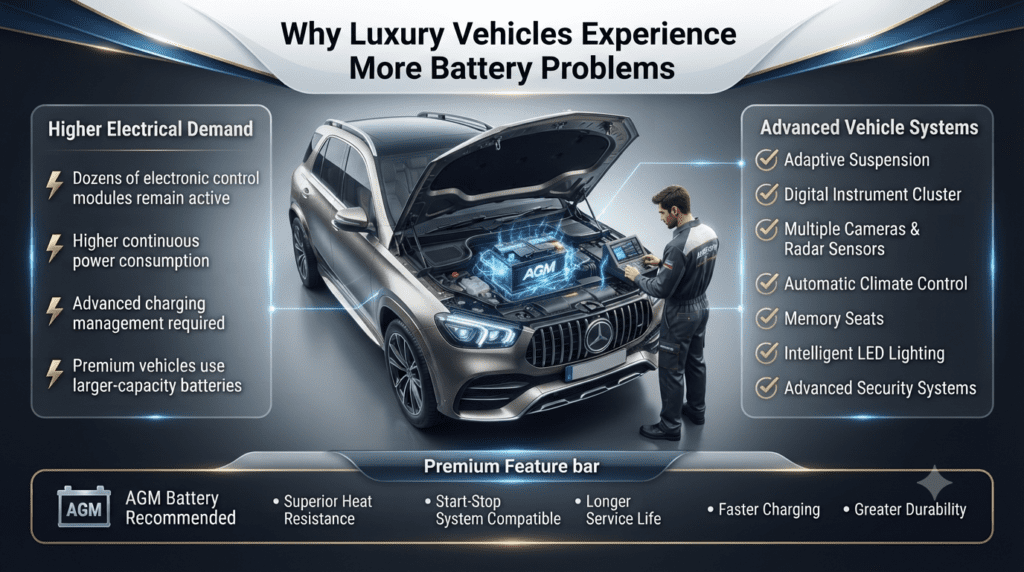 Why Luxury Vehicles Experience More Battery Problems Luxury vehicle battery infographic showing why BMW, Mercedes-Benz, Audi, Porsche, and Range Rover models experience higher battery demand due to advanced electronic systems and AGM battery requirements.