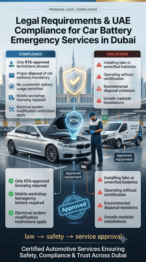 Infographic showing UAE legal requirements and compliance rules for car battery emergency services in Dubai including RTA approval, battery disposal rules, and violations.