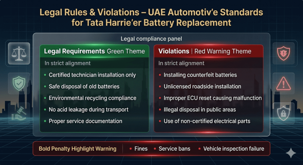 UAE Legal Rules & Violations – Harrier Battery Replacement Compliance Guide Futuristic UAE automotive legal infographic showing rules and violations for Tata Harrier battery replacement with green legal requirements and red violation warnings.
