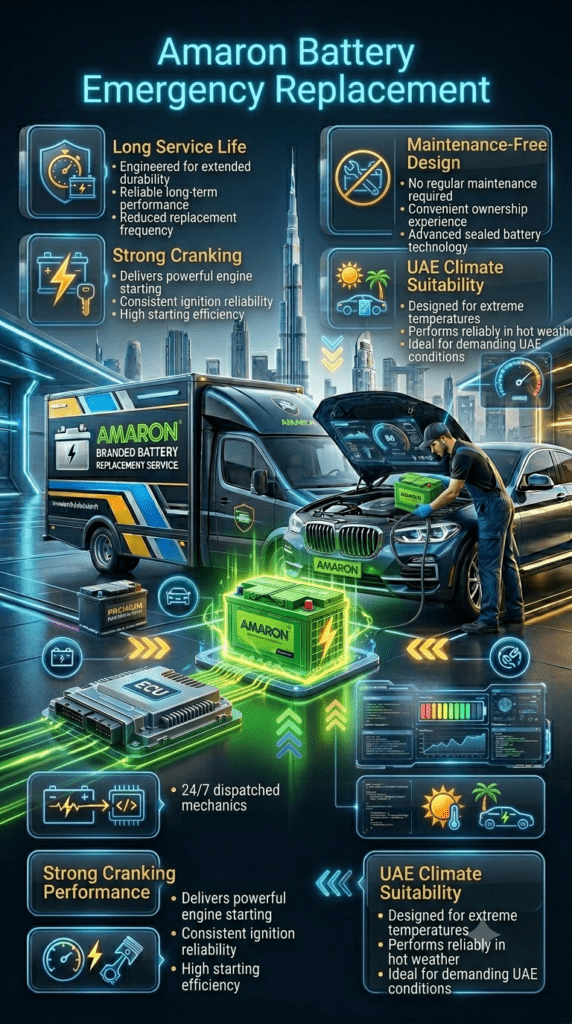 Professional automotive infographic featuring Amaron Battery Emergency Replacement services. The title is displayed prominently at the top, with a premium Amaron-style automotive battery, luxury vehicle, and battery replacement technician in the center. Key benefits including long service life, strong cranking performance, maintenance-free design, and UAE climate suitability are presented as animated callout points around the main visual. High-end automotive branding, futuristic battery technology graphics, and premium 3D infographic design create a professional user guide appearance.