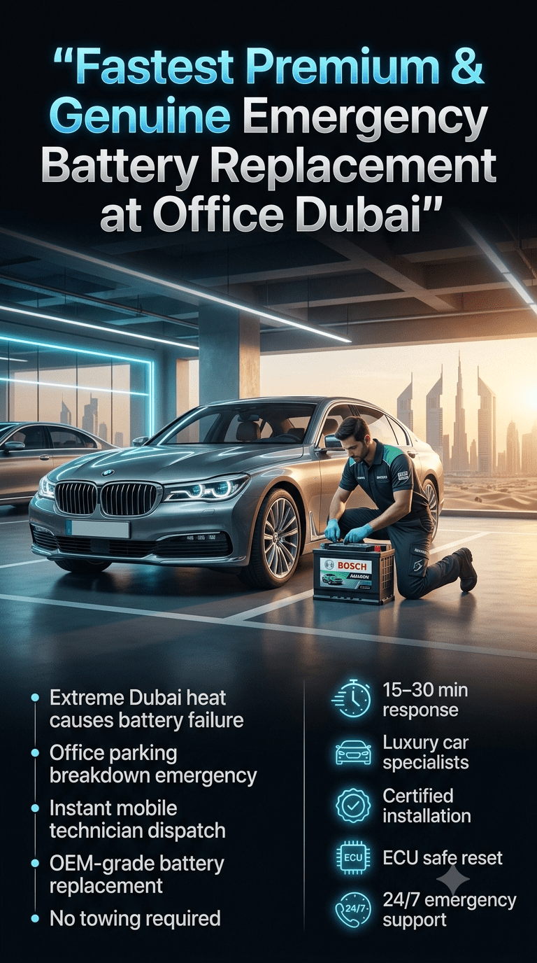 Luxury emergency car battery replacement service in Dubai office parking showing technician installing premium battery in BMW with infographic style highlights and Dubai skyline background