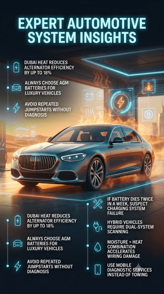 Luxury car infographic showing expert battery maintenance tips for UAE heat conditions with side panel warnings and futuristic UI design.
