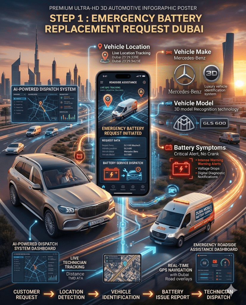 Emergency battery replacement request process in Dubai showing vehicle location, vehicle make, model details, and battery symptoms submitted through a roadside assistance app.