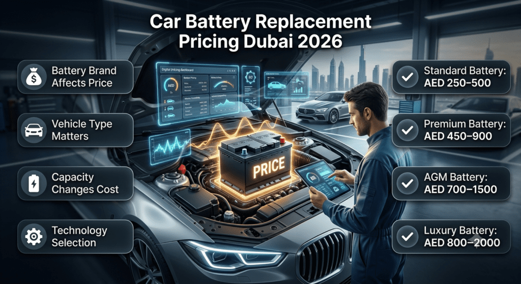 Car battery replacement pricing Dubai 2026 infographic showing battery types, price ranges, and factors affecting cost.