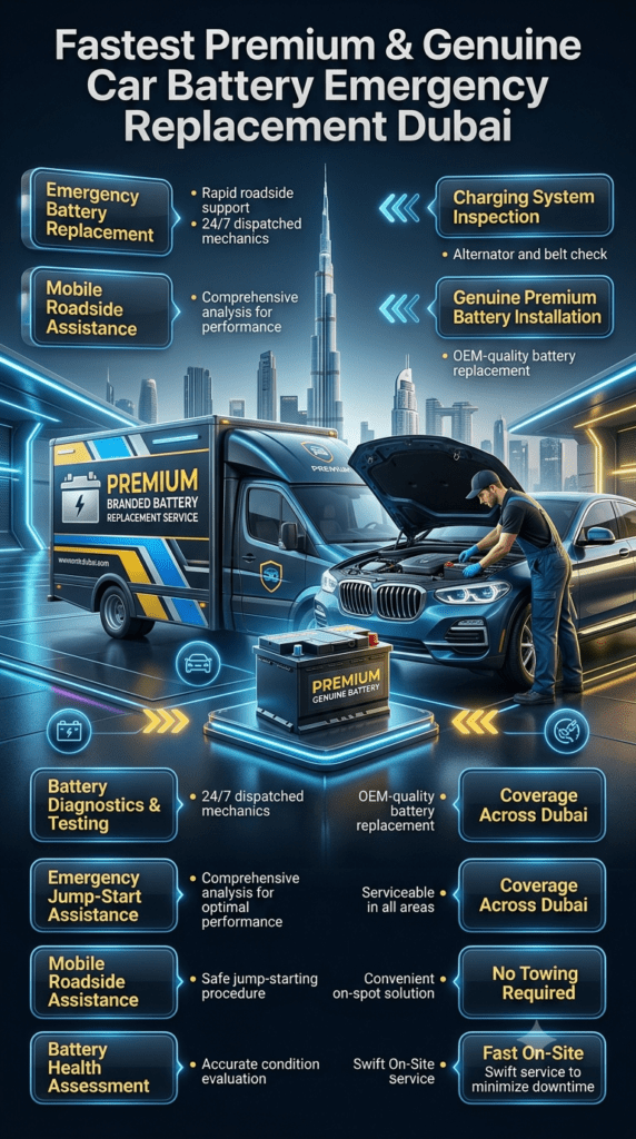Professional infographic showing Fastest Premium & Genuine Car Battery Emergency Replacement Dubai services. The title appears prominently at the top, with a premium branded battery replacement vehicle and technician in the center. Important service benefits are displayed as animated callout points around the image, including emergency battery replacement, battery diagnostics, jump-start assistance, battery health assessment, charging system inspection, mobile roadside support, premium battery installation, and coverage across Dubai. High-end automotive design with futuristic effects, glowing icons, 3D elements, premium typography, and luxury Dubai city skyline background.