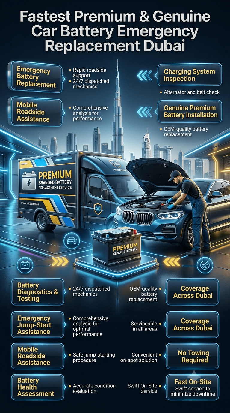 Professional infographic showing Fastest Premium & Genuine Car Battery Emergency Replacement Dubai services. The title appears prominently at the top, with a premium branded battery replacement vehicle and technician in the center. Important service benefits are displayed as animated callout points around the image, including emergency battery replacement, battery diagnostics, jump-start assistance, battery health assessment, charging system inspection, mobile roadside support, premium battery installation, and coverage across Dubai. High-end automotive design with futuristic effects, glowing icons, 3D elements, premium typography, and luxury Dubai city skyline background.