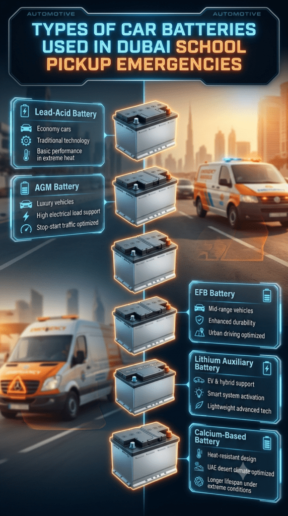 Infographic showing different types of car batteries used in Dubai including lead-acid, AGM, EFB, lithium auxiliary, and calcium-based batteries with futuristic automotive design and roadside emergency background.