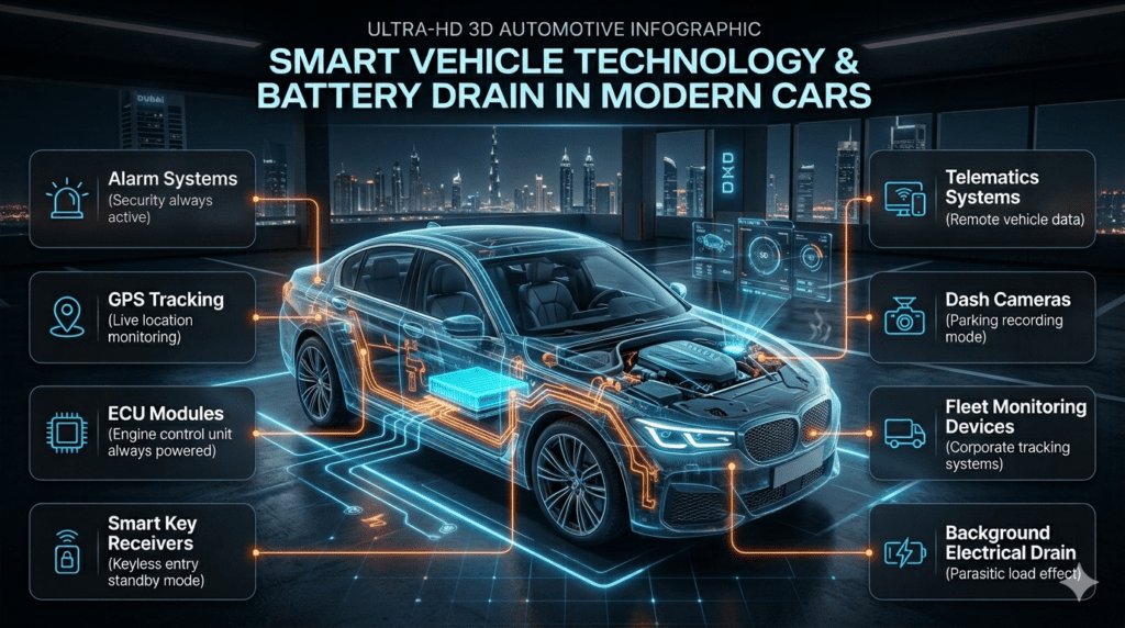 Smart vehicle technology diagram showing modern car battery drain caused by alarm systems, ECU modules, GPS tracking, dash cameras, and telematics systems in Dubai parking conditions.