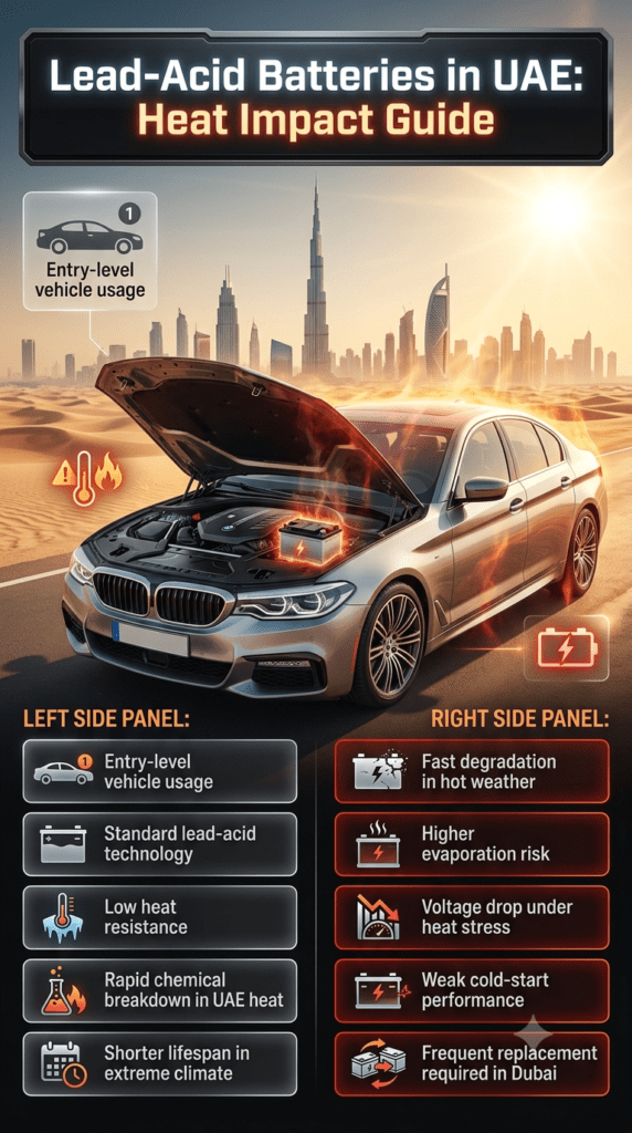 Lead-acid car battery infographic showing heat damage risks in UAE climate with Dubai background, entry-level vehicle usage, fast degradation, and evaporation effects explained in side panels.