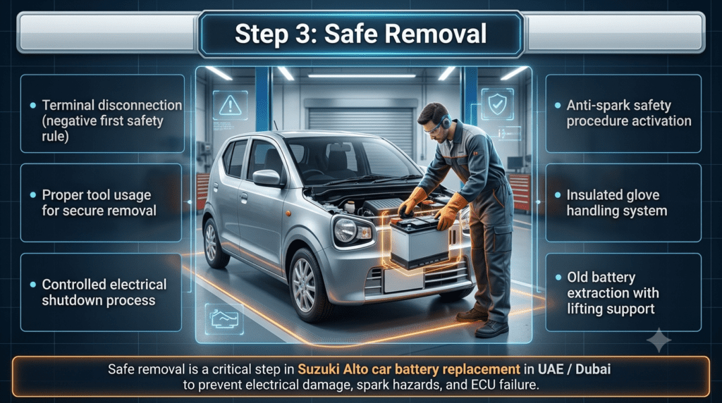 Step 3: Safe Removal – Suzuki Alto Battery Replacement UAE Guide Suzuki Alto battery safe removal process showing technician disconnecting terminals, anti-spark safety procedure and old battery extraction in UAE workshop.