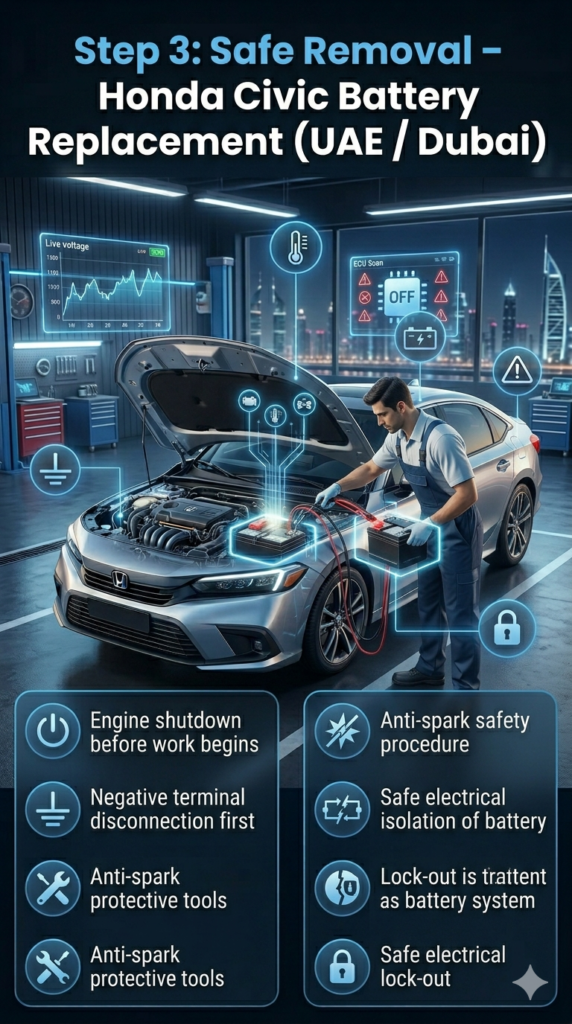 Honda Civic battery safe removal process showing engine shutdown, negative terminal disconnection, and anti-spark safety procedure in a modern Dubai workshop.