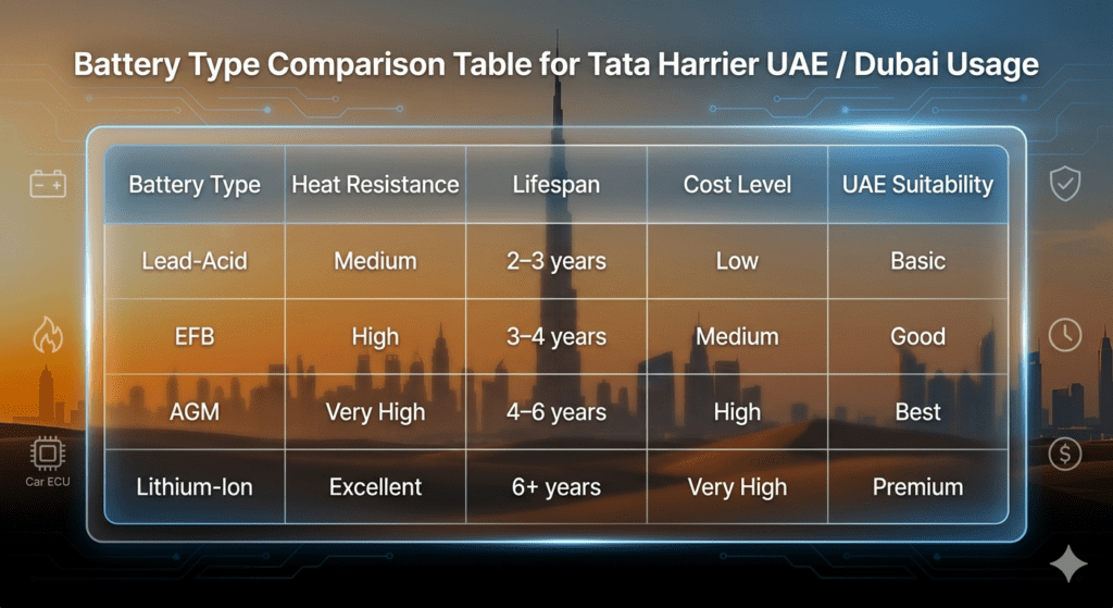Harrier Battery Type Comparison Table – UAE / Dubai SUV Battery Guide Futuristic automotive infographic showing battery type comparison table for Tata Harrier in UAE including Lead-Acid, EFB, AGM, and Lithium-Ion with lifespan, cost, and suitability.