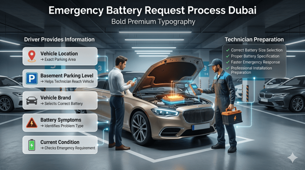Emergency battery request process Dubai showing driver information, vehicle details, parking location, and technician preparation.