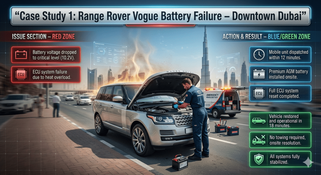 Luxury Range Rover Vogue battery failure case study in Downtown Dubai showing emergency roadside replacement with technician installing AGM battery and successful quick recovery.