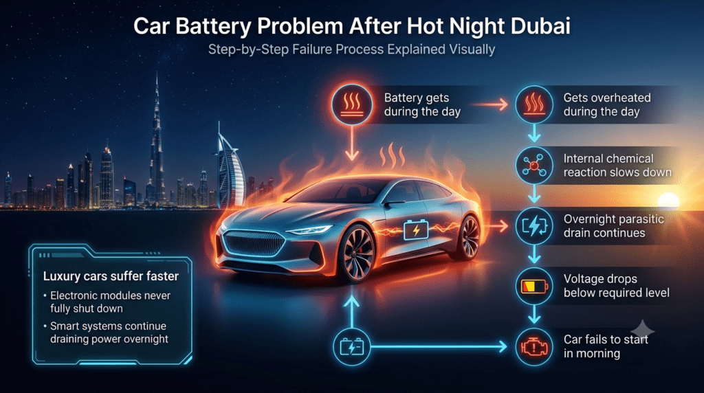 Car Battery Problem After Hot Night Dubai โ Failure Process Explained Step-by-step infographic showing how car battery failure happens after hot night in Dubai, with heat damage, voltage drop, and morning start failure process.