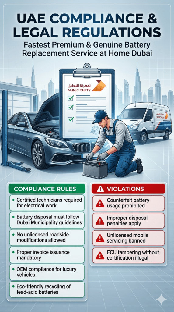 UAE automotive compliance infographic showing legal rules for mobile car battery replacement service in Dubai including technician certification, disposal rules, OEM compliance, and violation warnings.