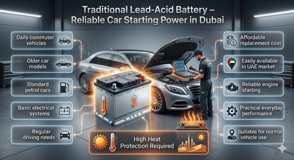 Traditional lead-acid car battery providing reliable starting power for daily vehicles in Dubai with heat-resistant battery service guidance.