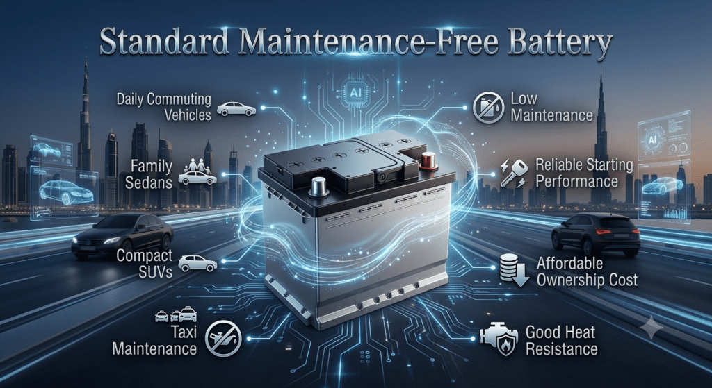 Standard Maintenance-Free Battery with floating feature highlights showing low maintenance, reliable starting power, heat resistance, and suitability for daily commuters, family sedans, compact SUVs, and taxi fleets.