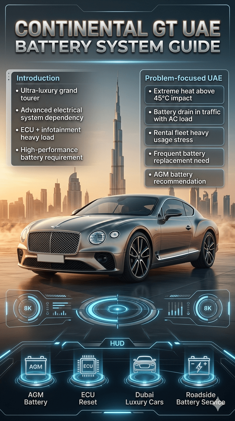 Luxury infographic showing Bentley Continental GT in Dubai with battery system guide, UAE heat impact, AGM battery tips, and ECU reset information in futuristic automotive UI design.