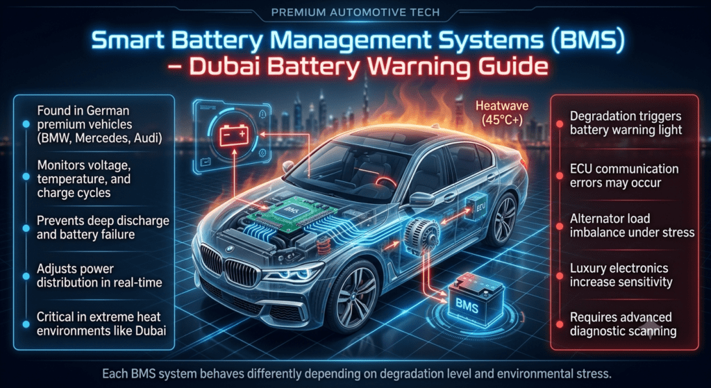 Futuristic diagram of Smart Battery Management System inside a luxury German car showing battery monitoring circuits, ECU connections, and warning light activation under extreme Dubai heat conditions.