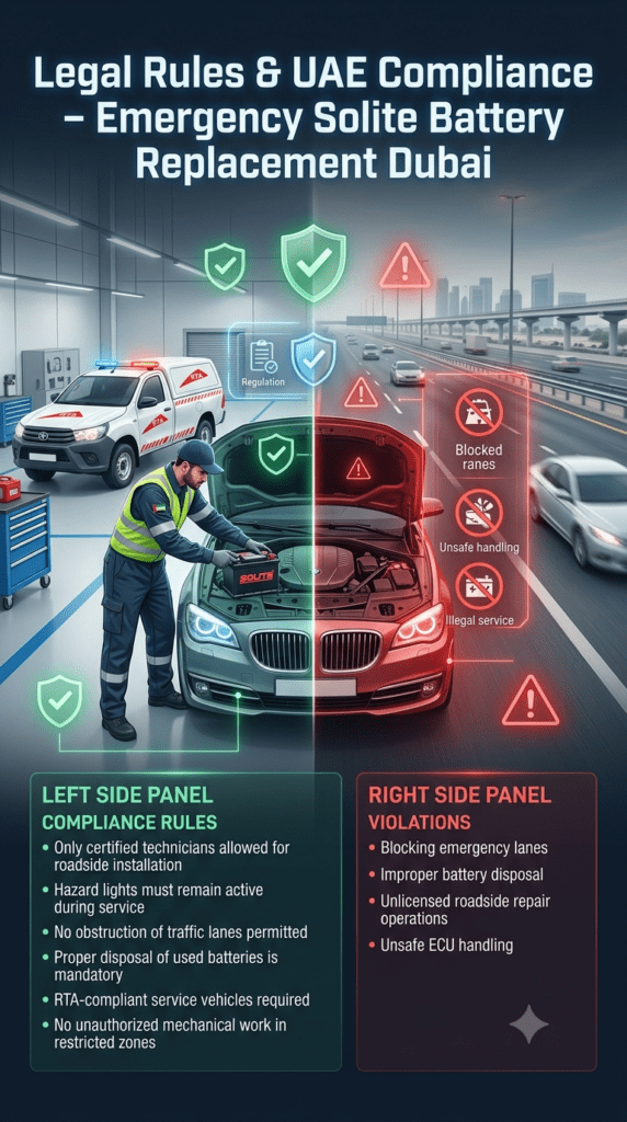 UAE legal compliance infographic showing rules and violations for emergency Solite battery replacement services, certified technician requirements, roadside safety regulations, and traffic law enforcement in Dubai.