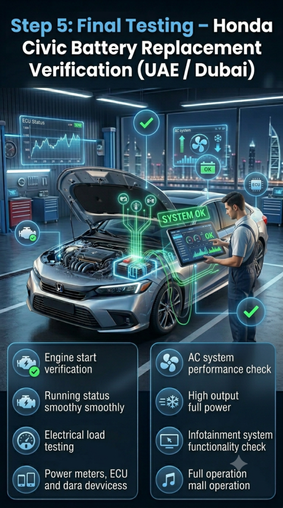 Honda Civic final testing after battery replacement showing engine start verification, electrical load testing, and AC and infotainment system check in a Dubai workshop.