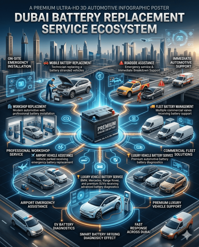 Dubai battery replacement service ecosystem showing mobile battery replacement, roadside assistance, workshop installation, fleet management, airport support, luxury vehicle service, and EV battery assistance.