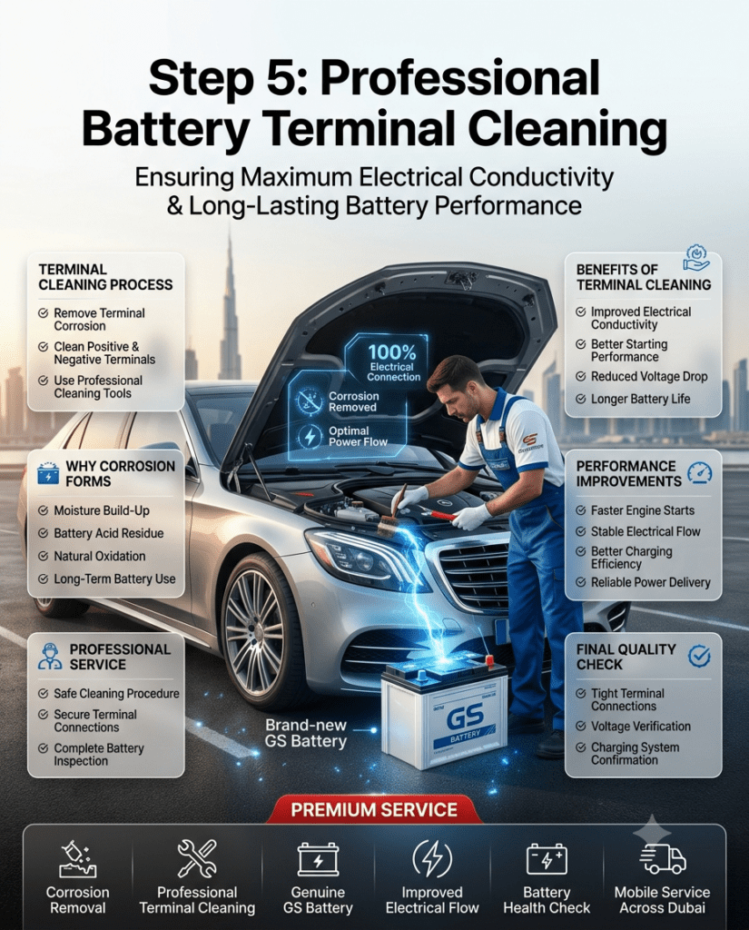 Step 5: Professional Battery Terminal Cleaning | Improve Battery Performance Professional battery terminal cleaning service in Dubai, removing corrosion from battery terminals to improve electrical conductivity, reduce voltage drop, enhance engine starting performance, and extend GS battery life.