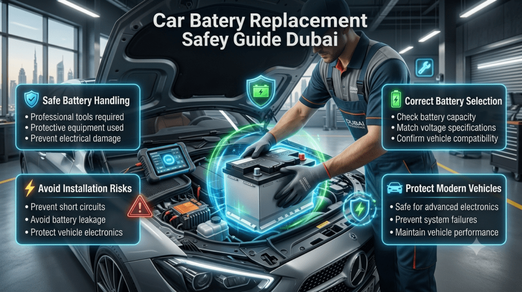 Car battery replacement safety guide Dubai infographic showing professional handling, correct installation, battery compatibility checks, and protection against electrical issues.