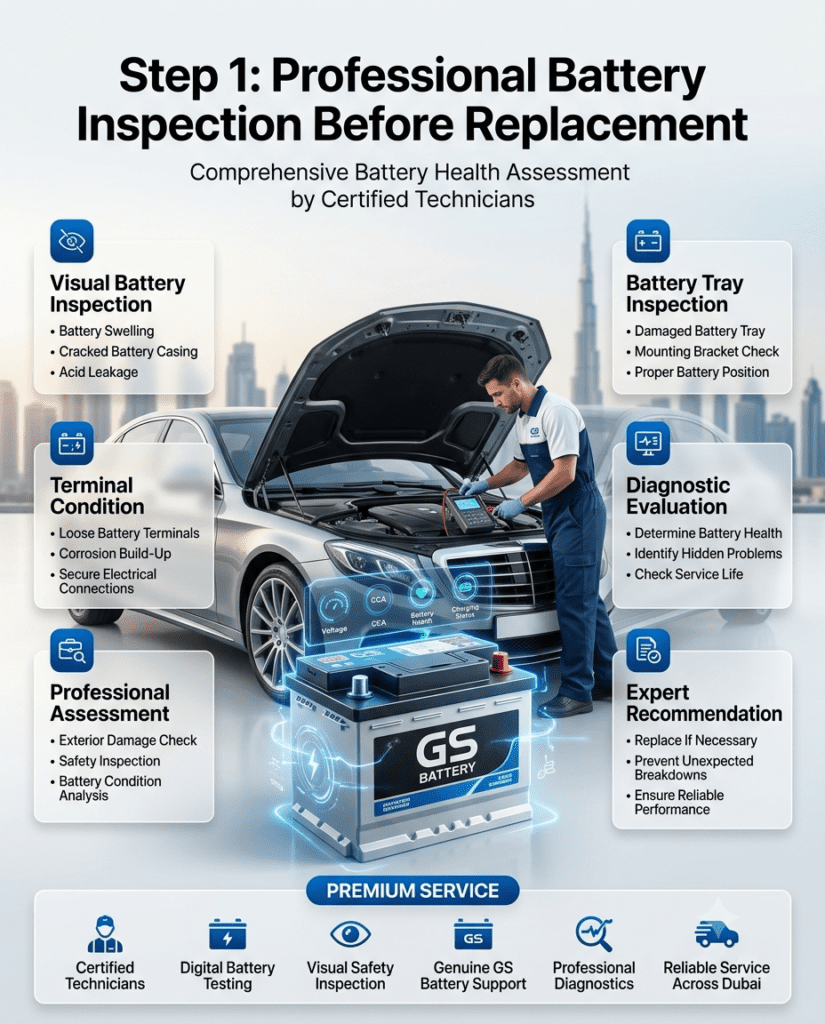 Step 1: Professional Battery Inspection Before Replacement | Dubai Professional battery inspection before replacement in Dubai, including checks for battery swelling, cracked casing, acid leakage, loose terminals, corrosion, damaged battery tray, and complete battery health assessment.