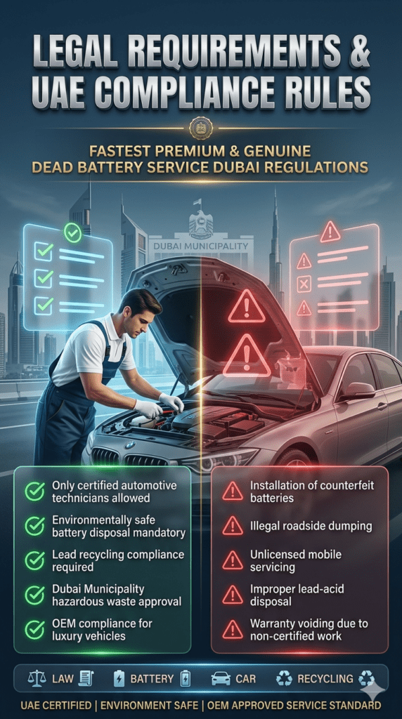 Automotive compliance infographic showing UAE legal requirements and violations for car battery replacement services in Dubai including certified technicians, recycling rules, and illegal practices warnings.