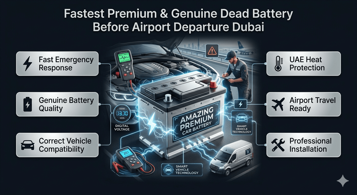 Fastest Premium Genuine Dead Battery Before Airport Departure Dubai service showing emergency car battery replacement, genuine battery installation, and roadside assistance guide.