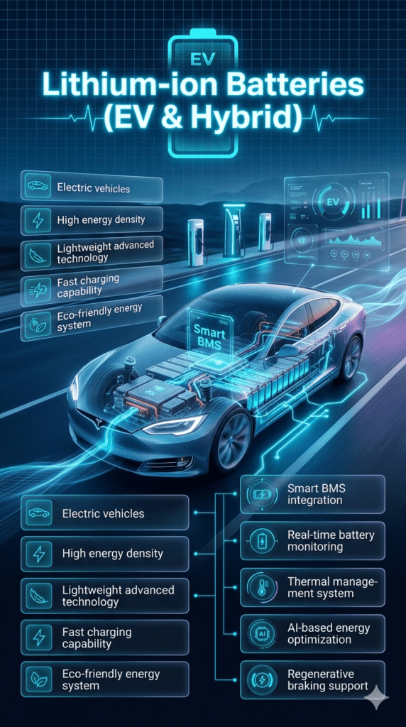 Futuristic infographic showing lithium-ion EV and hybrid battery system with smart BMS integration, high energy density features, and electric vehicle charging technology in a modern Dubai-style environment.