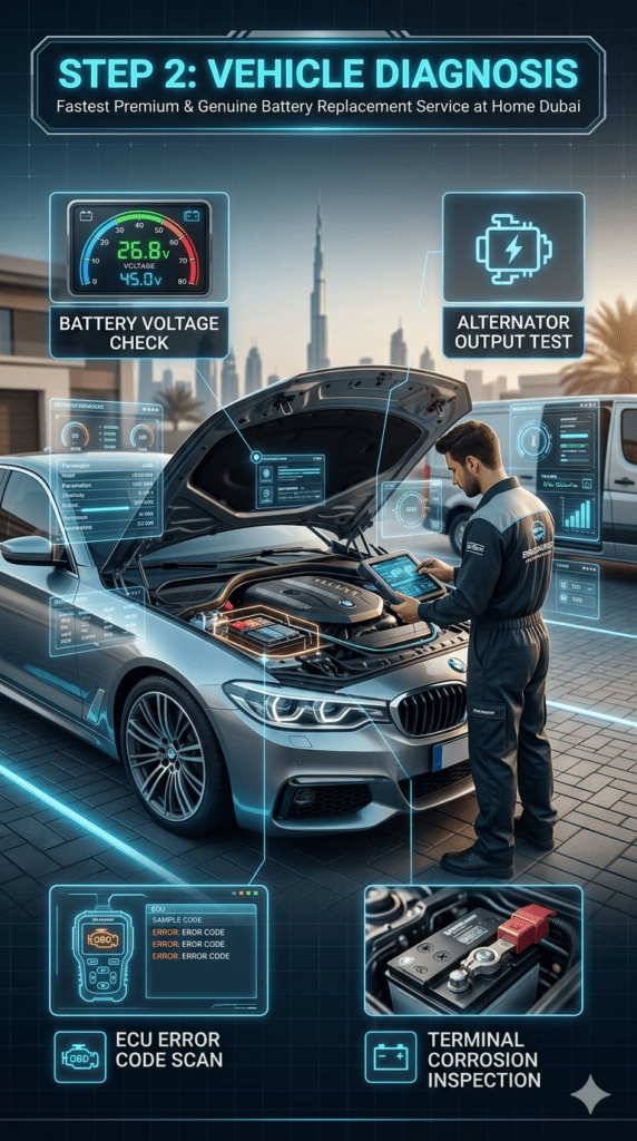 Mobile car battery diagnostic service in Dubai showing technician scanning luxury vehicle battery, checking voltage, alternator, ECU errors, and corrosion at home service location.