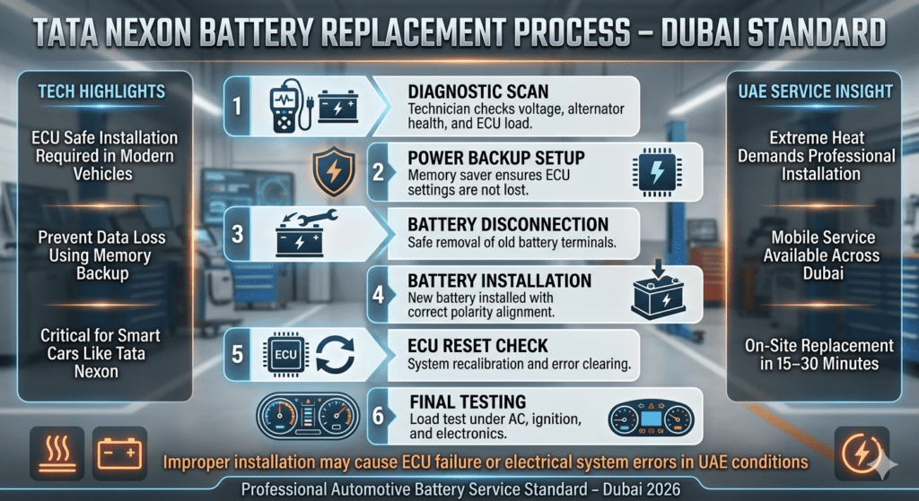 A step-by-step infographic showing Tata Nexon battery replacement process in Dubai including diagnostic scan, installation, ECU reset, and final testing in a professional automotive workshop style.