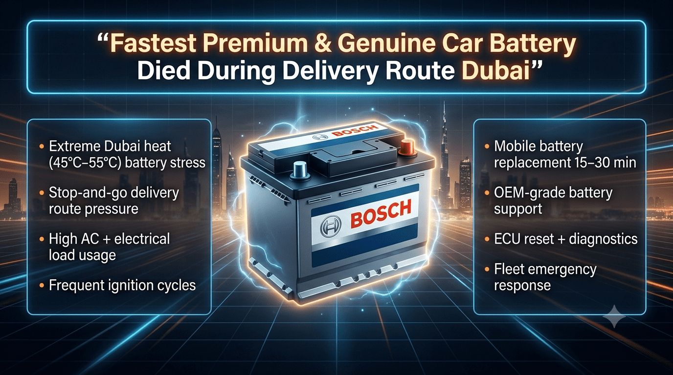 Infographic showing car battery failure during delivery routes in Dubai with emergency mobile replacement service, heat impact, and OEM battery support system.