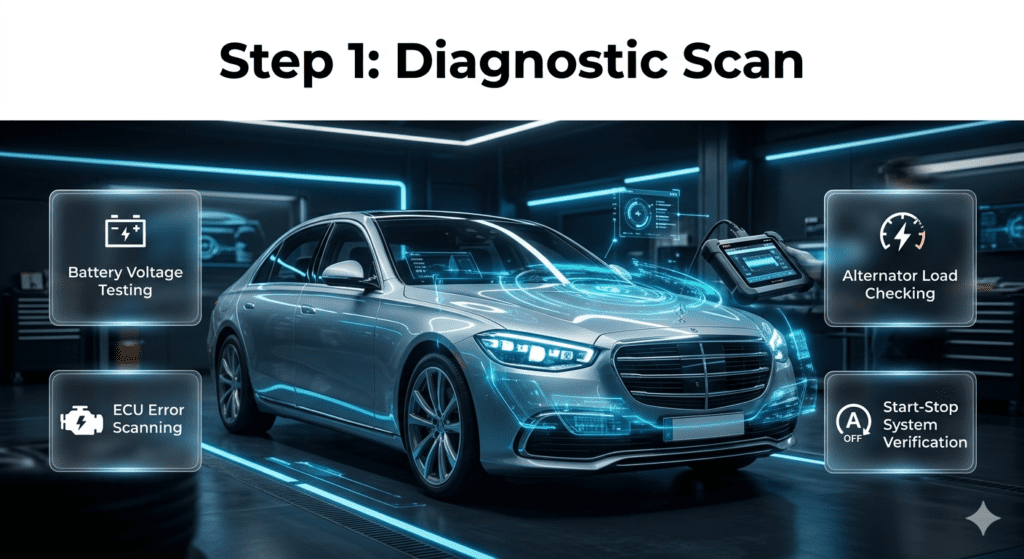 Luxury car diagnostic scan infographic showing battery voltage testing, ECU scanning, alternator load checking, and start-stop system verification with futuristic UI design.