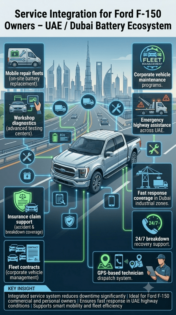 Service Integration for Ford F-150 Owners – UAE Battery Replacement Ecosystem Ford F-150 service integration infographic showing connected mobile fleets, workshops, insurance support, fleet contracts, and emergency highway assistance in a futuristic UAE automotive network design.