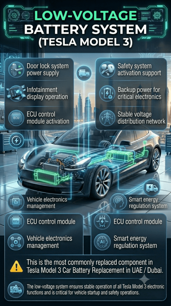 Tesla Model 3 Low-Voltage Battery System – Functions & Importance in UAE Infographic showing Tesla Model 3 low-voltage 12V battery system powering electronics like door locks, infotainment, ECU, and safety systems in futuristic EV design.