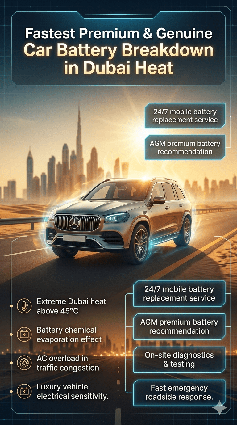Luxury car breakdown scene in Dubai heat showing battery failure symptoms, roadside emergency service, extreme temperature effects on vehicle battery, and mobile replacement solution with Dubai skyline background.