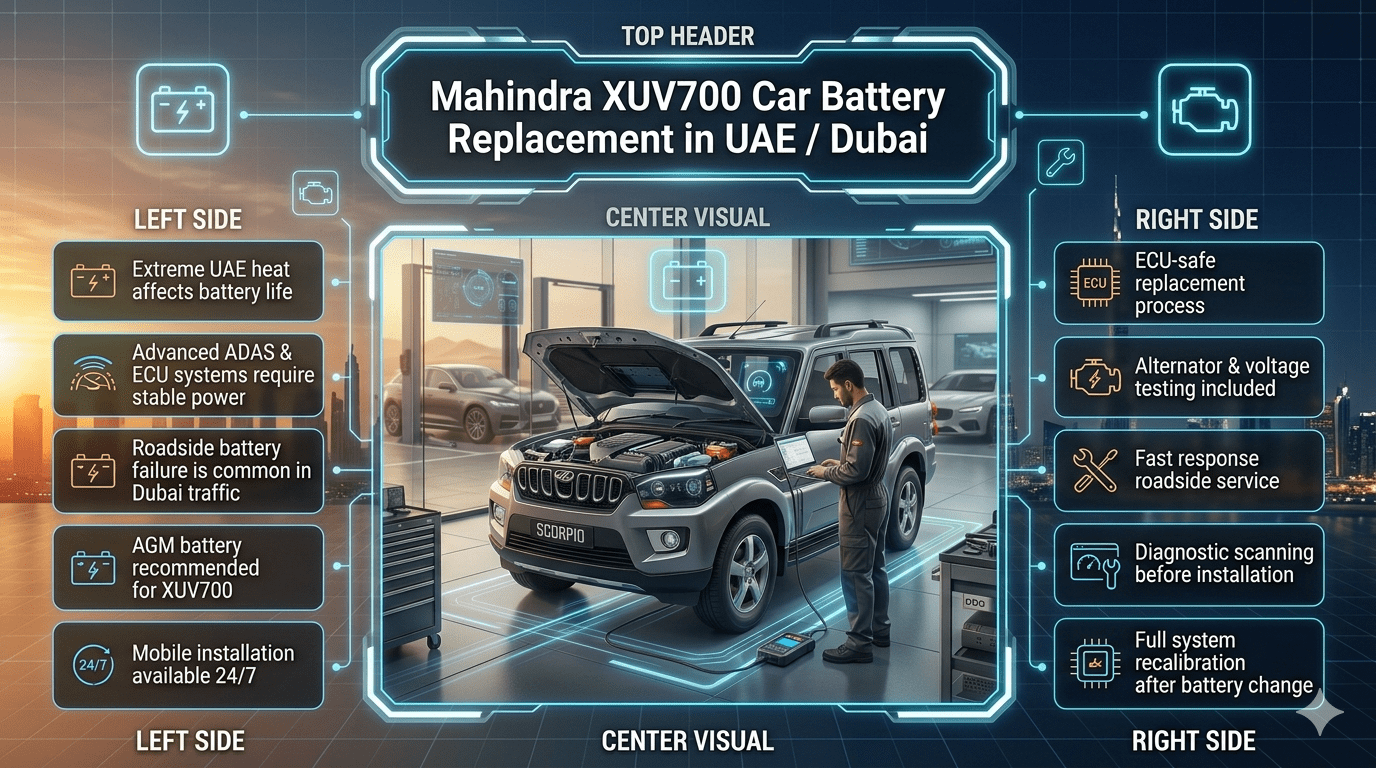 Mahindra XUV700 SUV battery replacement service in UAE showing diagnostic process, ECU testing, and roadside battery installation with Dubai automotive background.