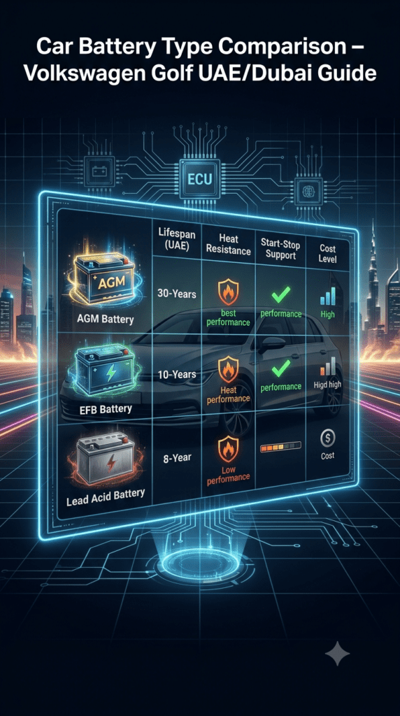 Holographic comparison table showing AGM, EFB, and Lead Acid battery types for Volkswagen Golf in UAE with performance ratings and Dubai heat background.