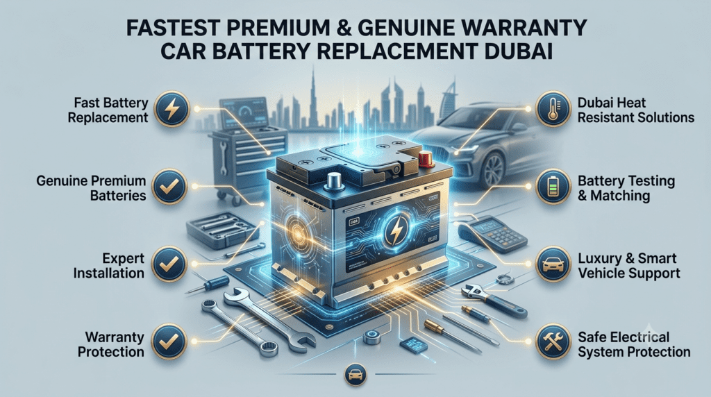 Fastest Premium and Genuine Warranty Car Battery Replacement Dubai service infographic showing premium battery installation, warranty protection, expert fitting, and Dubai roadside battery support.