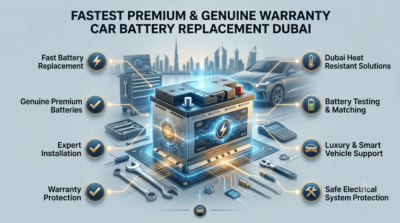 Fastest Premium and Genuine Warranty Car Battery Replacement Dubai service infographic showing premium battery installation, warranty protection, expert fitting, and Dubai roadside battery support.