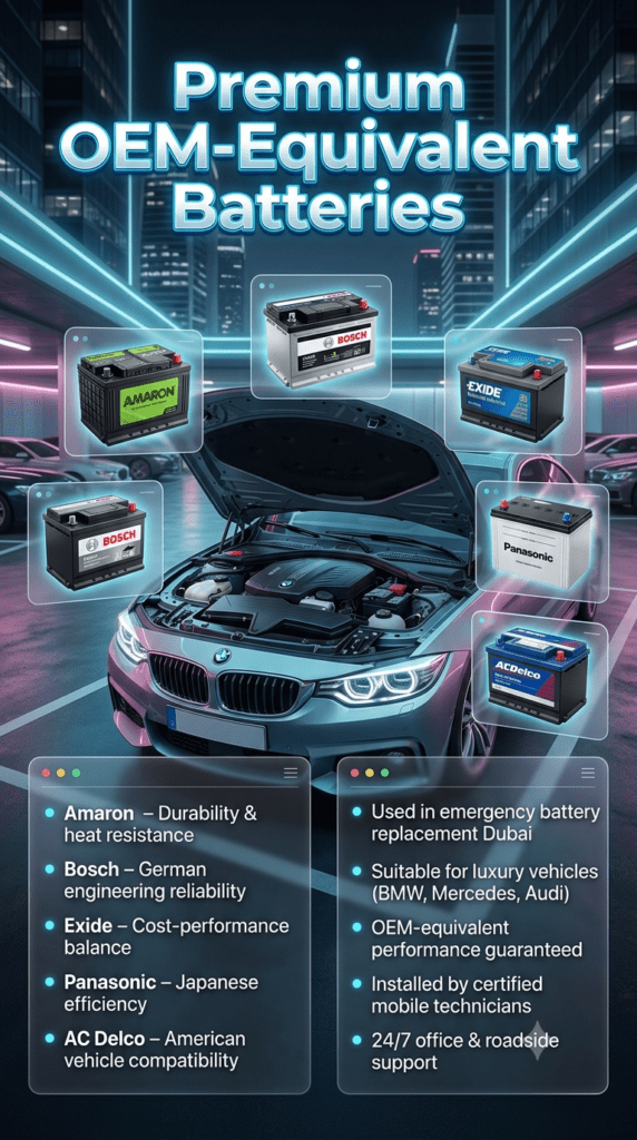 Premium infographic showing OEM-equivalent car batteries brands like Amaron, Bosch, Exide, Panasonic, and AC Delco arranged around a luxury car in Dubai office parking with service highlights.