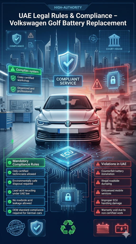 Volkswagen Golf surrounded by legal compliance holograms showing UAE battery replacement rules, certified service standards, and violation warnings in futuristic infographic style.