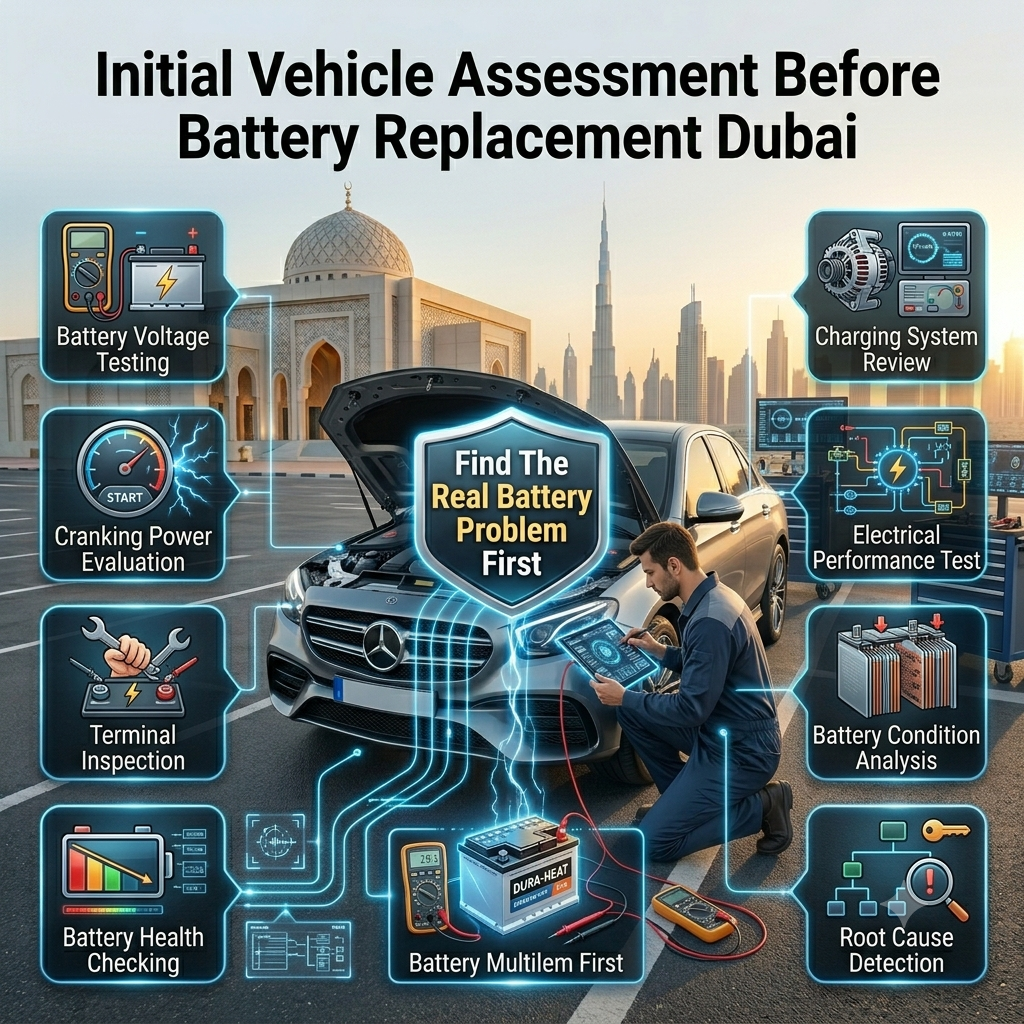 Initial Vehicle Assessment Before Battery Replacement Dubai Initial vehicle assessment before battery replacement Dubai showing technician testing battery voltage, cranking power, terminals, and charging system.