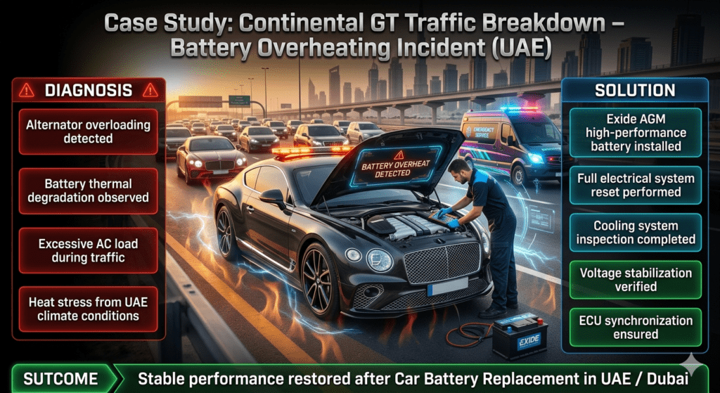 Luxury automotive case study showing Bentley Continental GT breakdown in UAE traffic due to battery overheating with diagnosis, repair solution, and successful recovery.