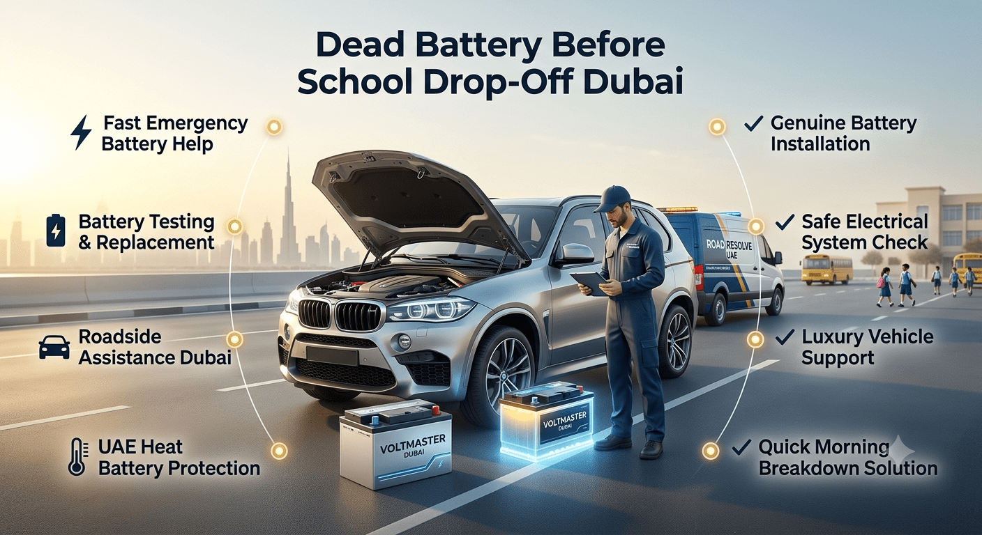 Dead battery before school drop-off Dubai emergency car battery replacement service with roadside assistance and professional battery inspection