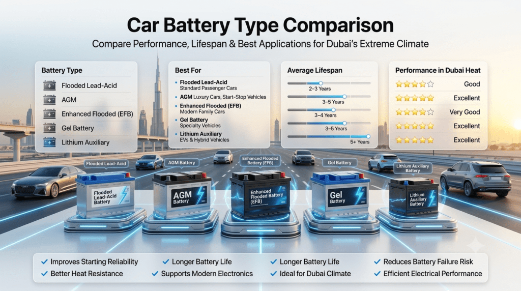 Car Battery Type Comparison | Best Battery for Dubai Climate Car Battery Type Comparison infographic comparing Flooded Lead-Acid, AGM, EFB, Gel, and Lithium Auxiliary batteries based on lifespan, applications, and performance in Dubai's extreme climate.